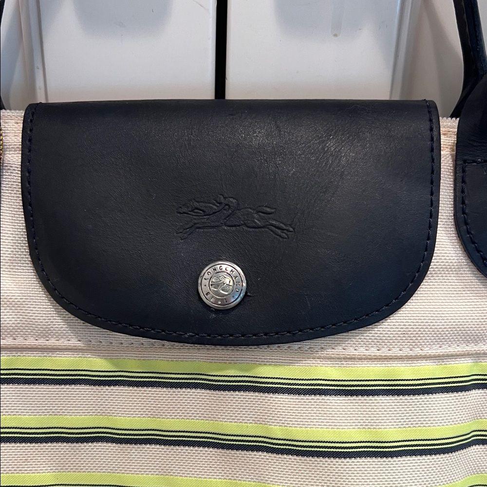 Longchamp Striped Canvas Tote in White, Black & Neon Yellow - Picture 2 of 7